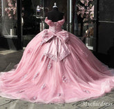 Glitter Ball Gown Vintage Pink Quinceanera Dresses Lace Off the Shoulder with Bow - MyChicDress